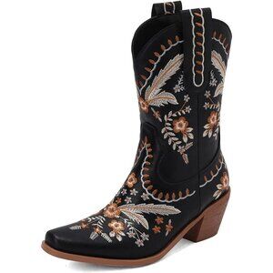 LIPUIXI Western Boots Women's Black Synthetic Pull On Floral Low Chunky Heel